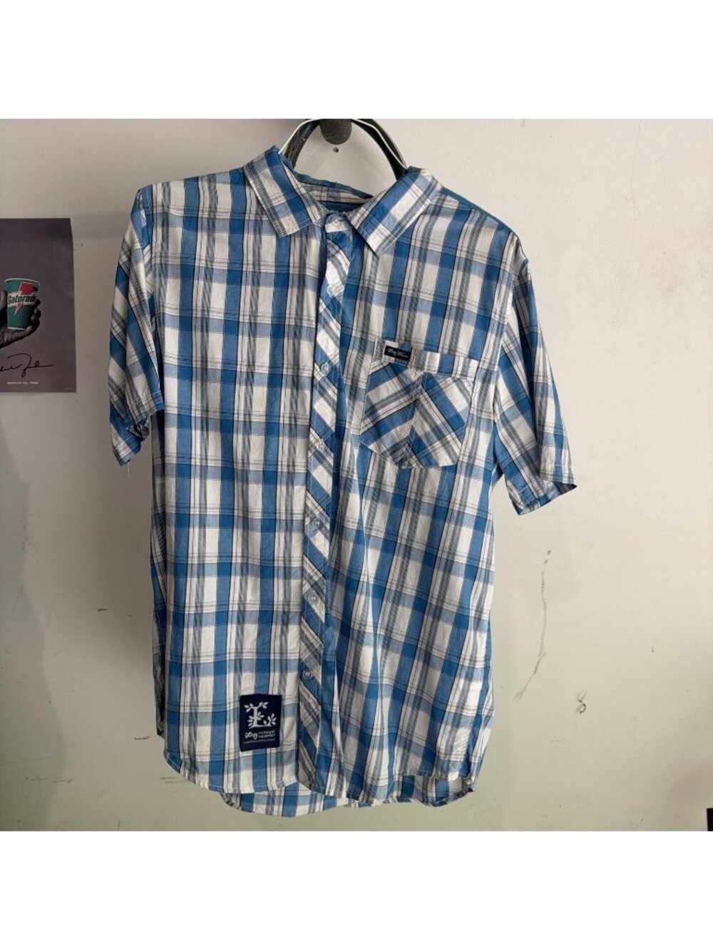 LRG Lifted Research Group Shirt Mens Large Blue Plaid Short Sleeve Button Up